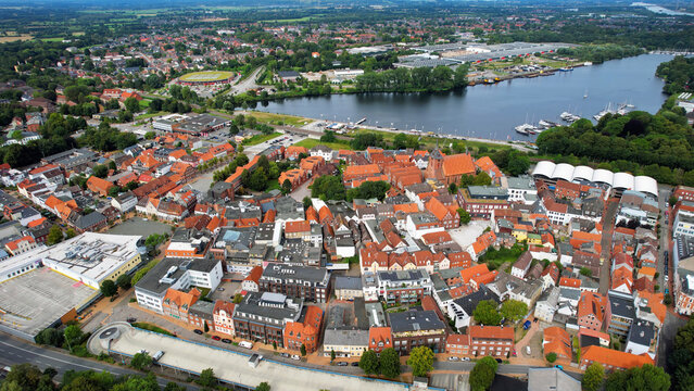 Aerial view around the old town of the city Rendsburg in Germany on a sunny spring noon