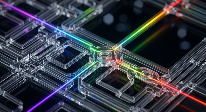Macro view of microfluidic chip with neon liquid glowing through transparent channels in laboratory setup.