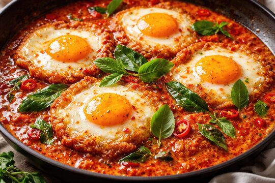Classic sambal goreng telur ceplok featuring fried eggs in spicy chili and coconut milk sauce with fresh herbs