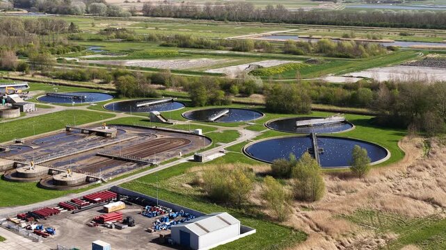 Aerial view of a wastewater treatment plant facility