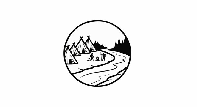 Indigenous camp with tipis by river, campfire and figures, set in a circular frame