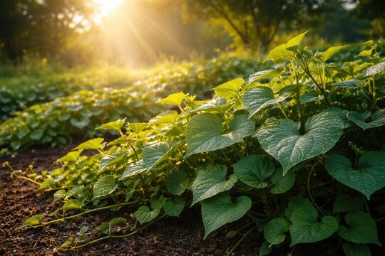 Healthy sweet potato vines thriving with morning rays