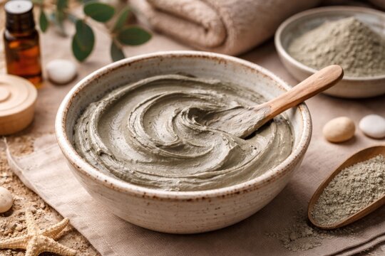 DIY beauty mask bowl filled with bentonite clay texture close up and copy space