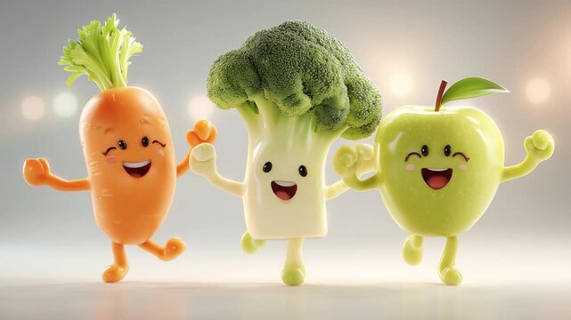Cute cartoon vegetable and fruit characters dancing together, healthy food concept for kids nutrition	