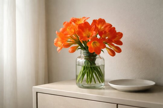 Fresh orange clivia lilies displayed in clear glass jar on cabinet alongside white plate and muted wall