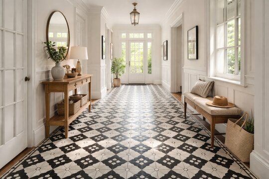 Interior hallway remodel featuring retro white and black cement tile flooring with abundant natural light