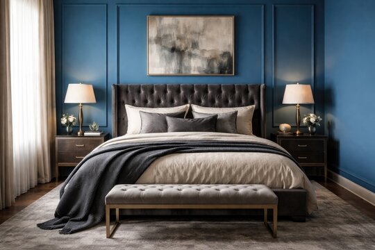 Elegant dark bed set against a bright blue bedroom wall