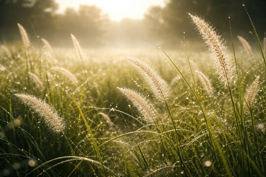 Calm nature scene featuring cogon grass wet with dew under gentle morning sun