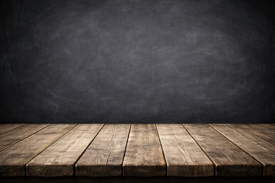 empty weathered wooden deck table set on a chalkboard panel background with copy space