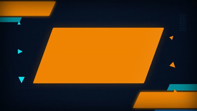 A vibrant animated graphic showcasing a bright orange parallelogram with a textured surface complemented by glowing turquoise and orange geometric shapes and digital elements on a dark background