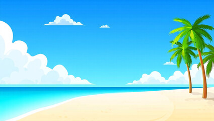Obraz premium Serene tropical beach scene with palm trees and fluffy clouds under a bright blue sky