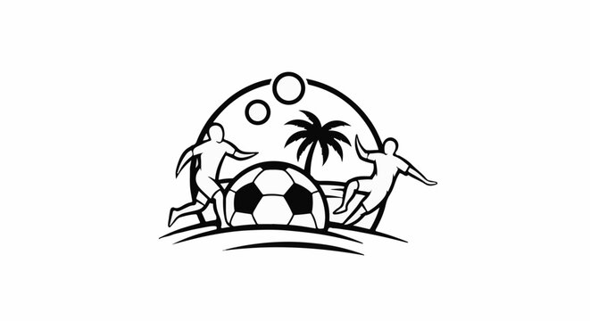 Stylized beach soccer scene with two players, a ball, and palm tree