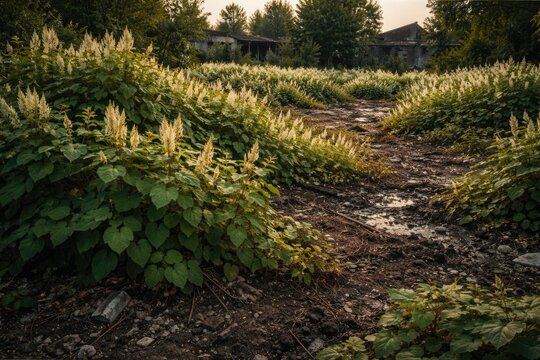Disturbed land colonized by fast spreading Japanese knotweed plants