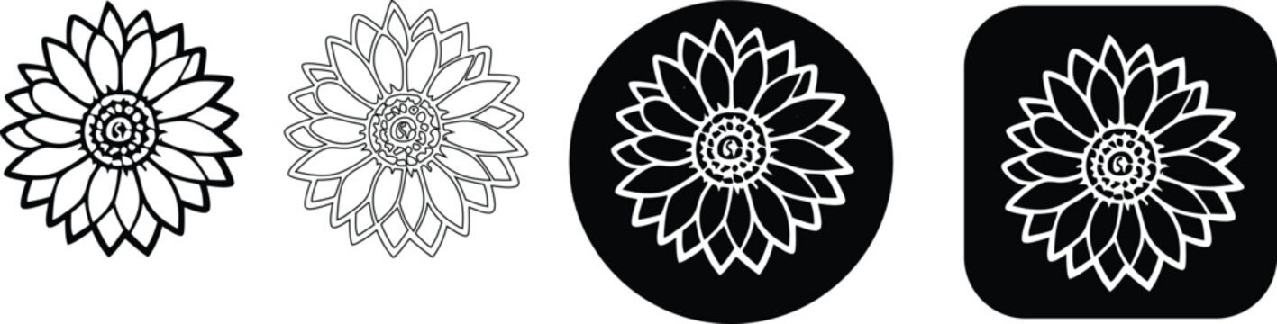 Set of zinnia flower line art icons with various outline styles and backgrounds, real image, no blur, clear image, hd, full hd, photos, isolated white background.