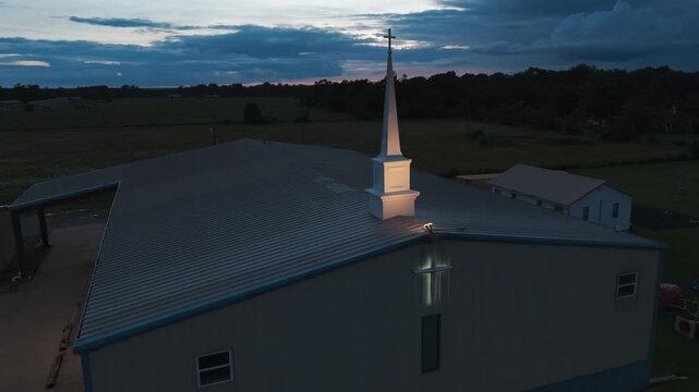 Ascends Cornerstone Baptist Church At Dusk In Gentry, Arkansas, United States. Aerial Drone Shot
