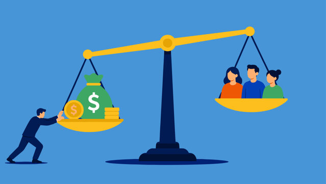 Imbalanced scale with money outweighing people showing inequality, concept of wealth disparity, economic imbalance and social inequality
