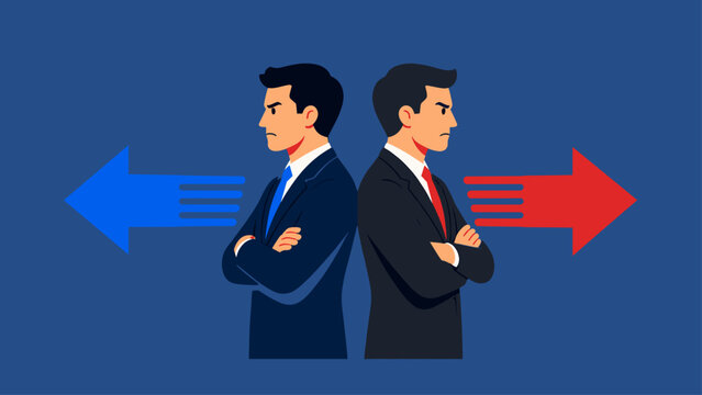 Two businessmen facing opposite directions with arrows showing disagreement, concept of conflict, decision split and opposing strategies