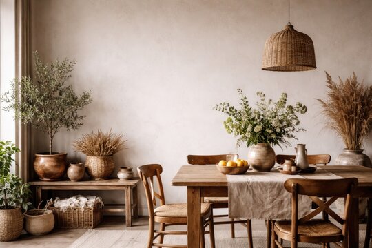 Interior scene showing blank wall and rustic Scandinavian flora near meals table