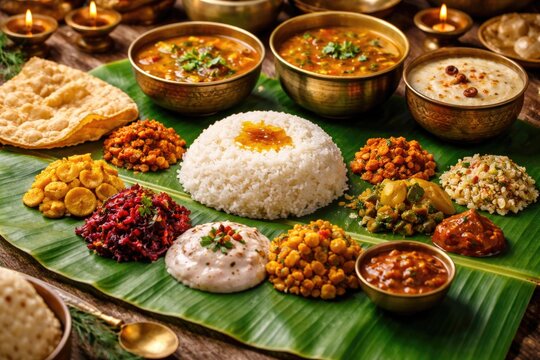Kerala Tamil Nadu style vegetarian feast including rasam sambar and payasam for celebrations