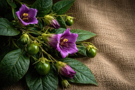 Belladonna plant showing toxic purple blossoms and green fruits against natural fiber backdrop with copy space