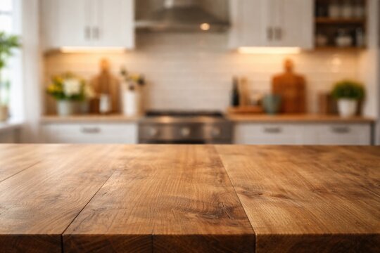 Empty decorative space on wooden desk with a subtle blurred kitchen backdrop in residence