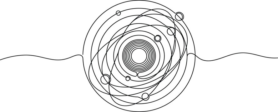 Continuous line art of abstract atomic structure or planetary orbits.