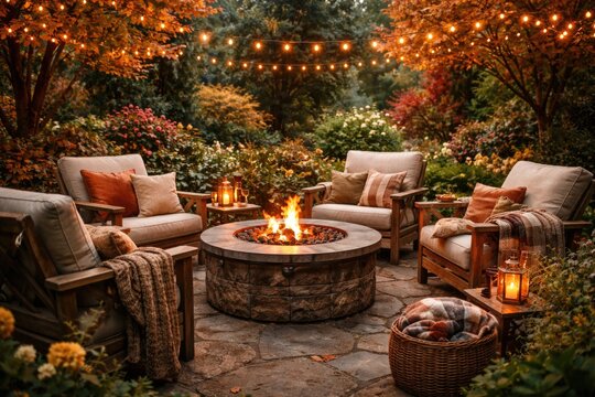 Charming open air seating with cushy chairs around a decorative propane fire pit in a lush fall garden