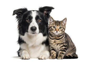 Obraz premium Black And White Dog And Brown Tabby Cat Sitting Together Side By Side
