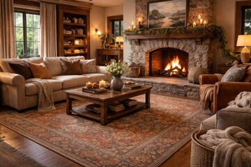 Naklejka premium Inviting living room scene with a cozy fireplace and artisan area rug