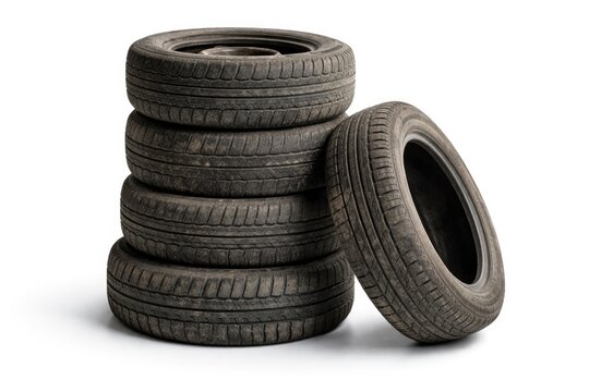 Group of aged car tires stacked alone on clean white surface