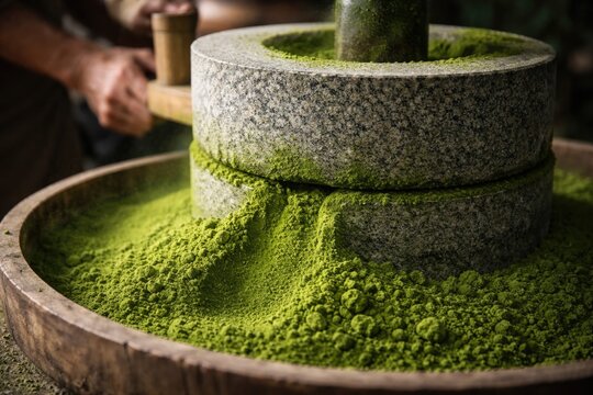 Close-up of authentic matcha grinding stone process in a tea factory environment