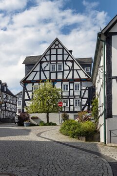 The historic centre with half timbered houses of Friedensdorf Germany, a village in the municipality of Saerbeck, district Steinfurt, the state of North Rhine-Westphalia.