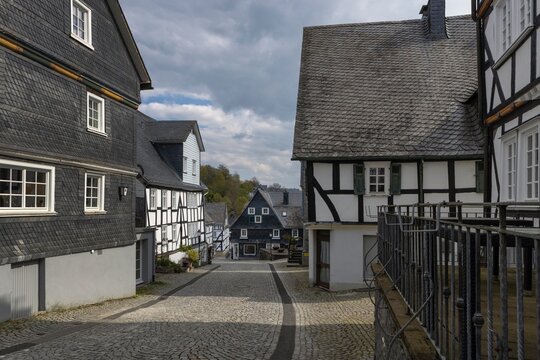 The historic centre with half timbered houses of Friedensdorf Germany, a village in the municipality of Saerbeck, district Steinfurt, the state of North Rhine-Westphalia.