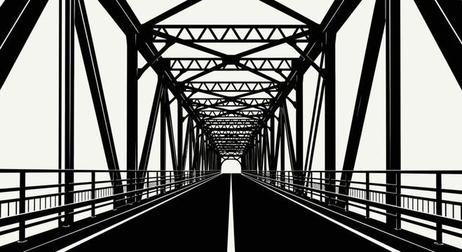 Minimalist Black and White Steel Truss Bridge Perspective Graphic