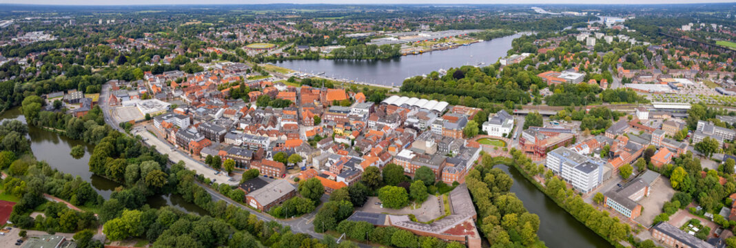 Aerial view around the old town of the city Rendsburg in Germany on a sunny spring noon