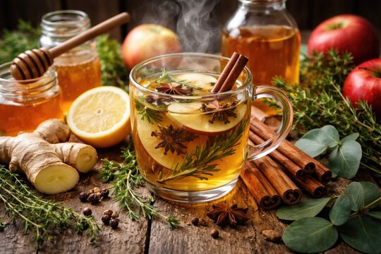 Aromatic herb and spice infused apple cider vinegar drink for natural cold treatment