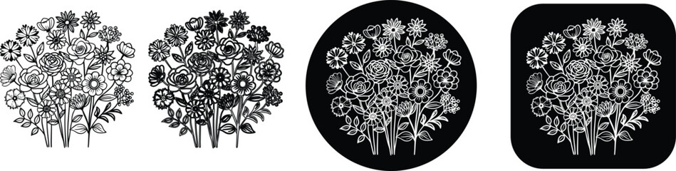 Decorative meadow flower vectors in circle and square frames for greeting cards and stationary © SilhouetteStore