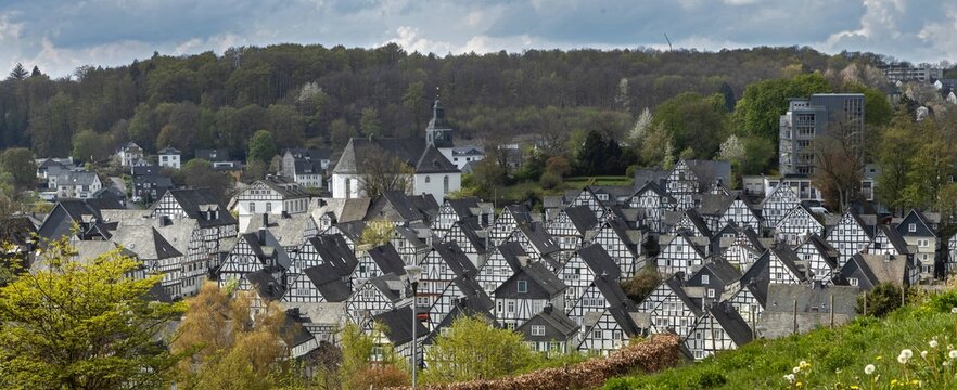 The historic centre with half timbered houses of Friedensdorf Germany, a village in the municipality of Saerbeck, district Steinfurt, the state of North Rhine-Westphalia. View on the town