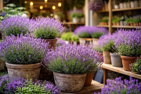Lush lavender flowers in pots exhibiting vibrant blooms in a retail shop