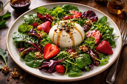 Green leafy salad with beet leaves burata cheese and strawberries served with balsamic dressing