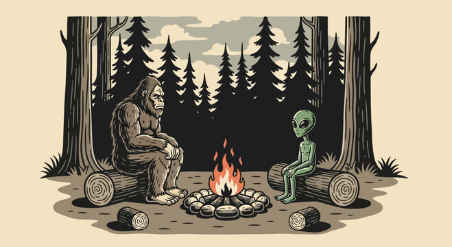 Bigfoot and Alien Camping by a Forest Campfire Retro Illustration