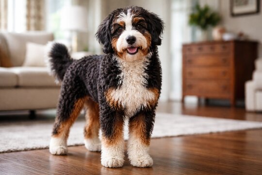 Curious tri-color Bernedoodle full length view inside room looking towards camera