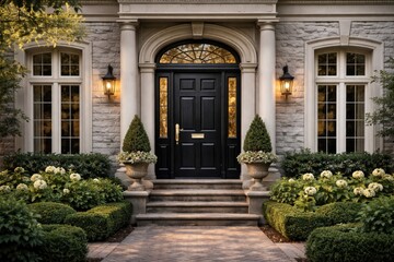Fototapeta premium Heritage style home exterior highlighted by a bold black door