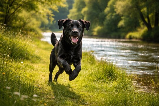 Black Labrador pet bounding across green grassy river edge on a cheerful summer afternoon