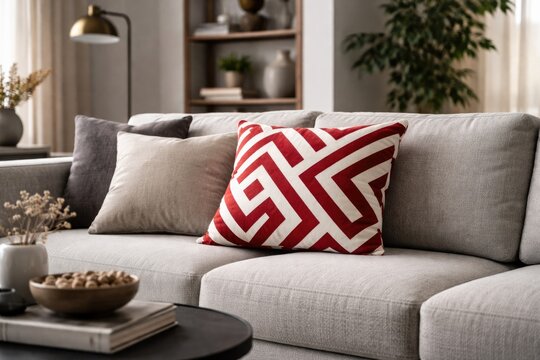 Gray upholstered couch with a bold red geometric pillow in a stylish living room