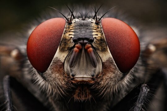 Extreme close up showing the compound eyes and antennae of a common house fly Musca Domestica