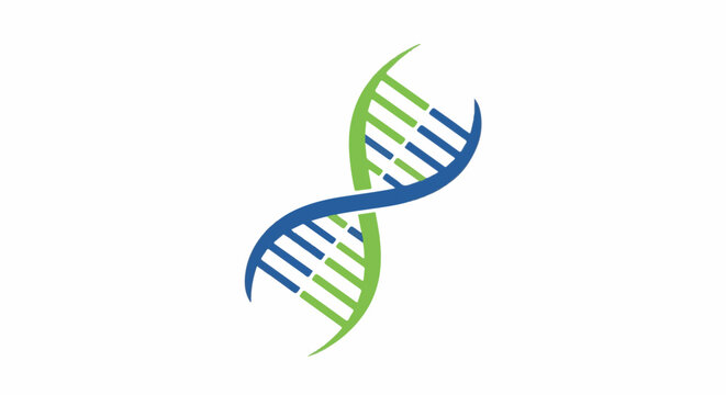 Stylized double helix DNA structure in blue and green on white