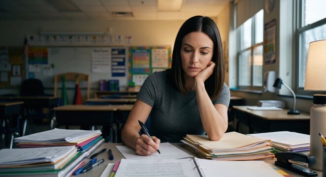 Teacher alone after school sorting stacks of papers shows realistic workload, after-hours responsibilities and quiet educator fatigue in empty classroom.