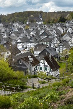 The historic centre with half timbered houses of Friedensdorf Germany, a village in the municipality of Saerbeck, district Steinfurt, the state of North Rhine-Westphalia. View on the town