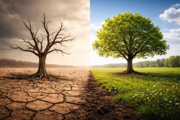 Fototapeta premium Dry land with a dead tree against lush soil supporting a thriving tree